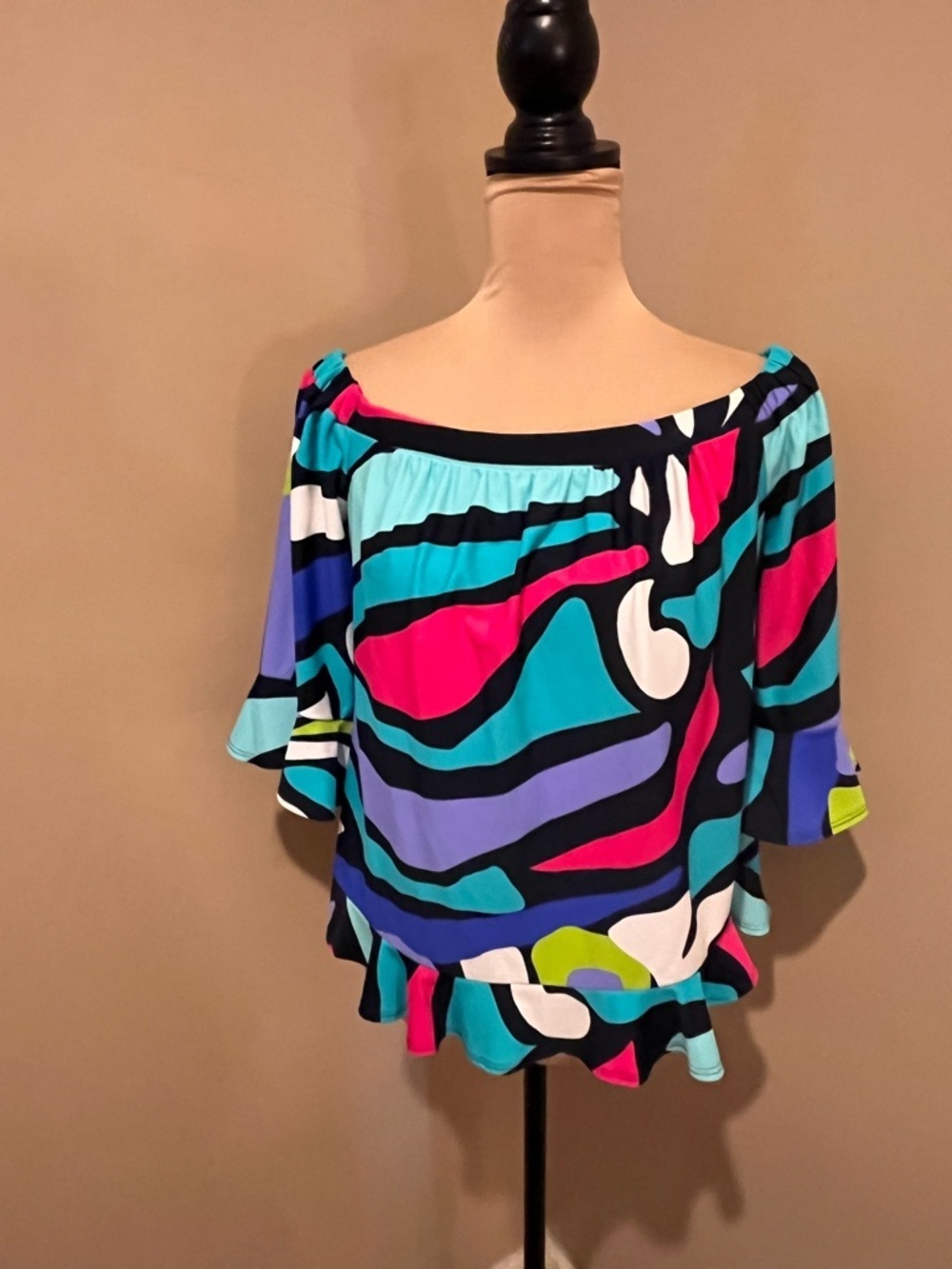 Jude Connally Bold Multi-Color Off-Shoulder Flutter Blouse, size Small